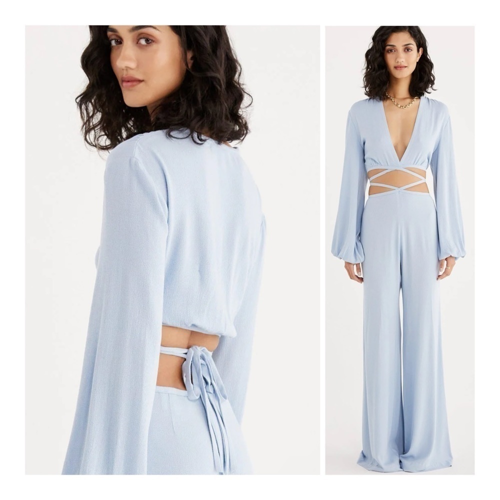 Rumer | Coastal Boho Kenya Wrap Top & Wide Leg Pants In Blue | S
